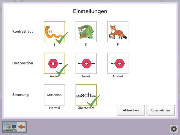 Screenshot: Einstellungsmöglichkeiten für Kontrastlaute in der Sprachforscher-App von LIFEtool