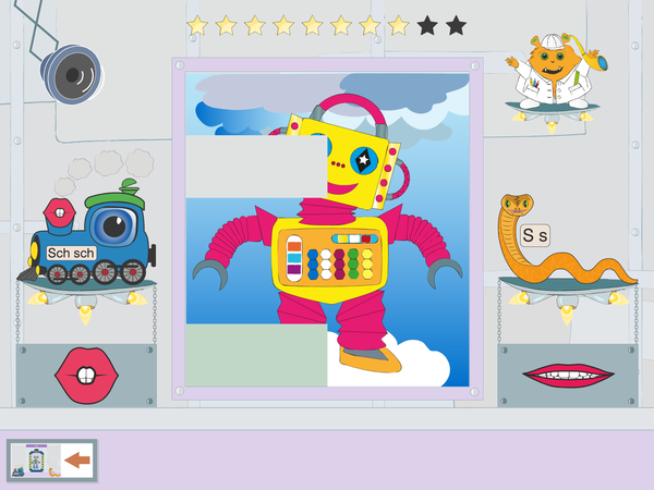 Screenshot: Ein bunter Roboter entsteht im Puzzle in der Sprachforscher-App von LIFEtool